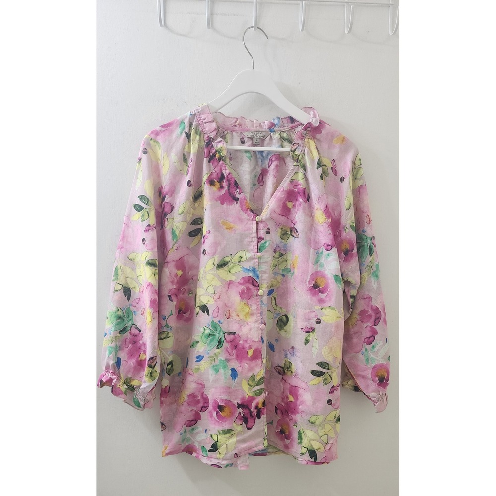 Hester & Orchard Linen Blend Floral Blouse Pink Ruffle V-Neck Top Large